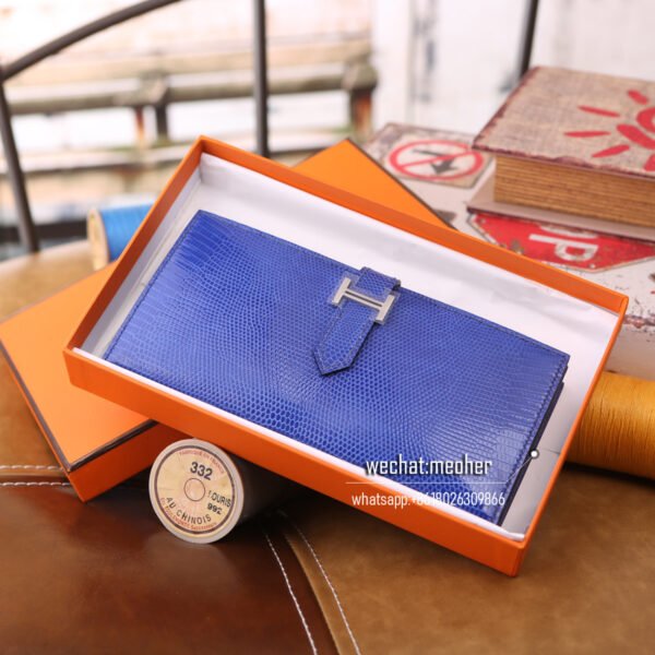 Hermes lizard bearn wallet 7T bleu electrique - Image 9