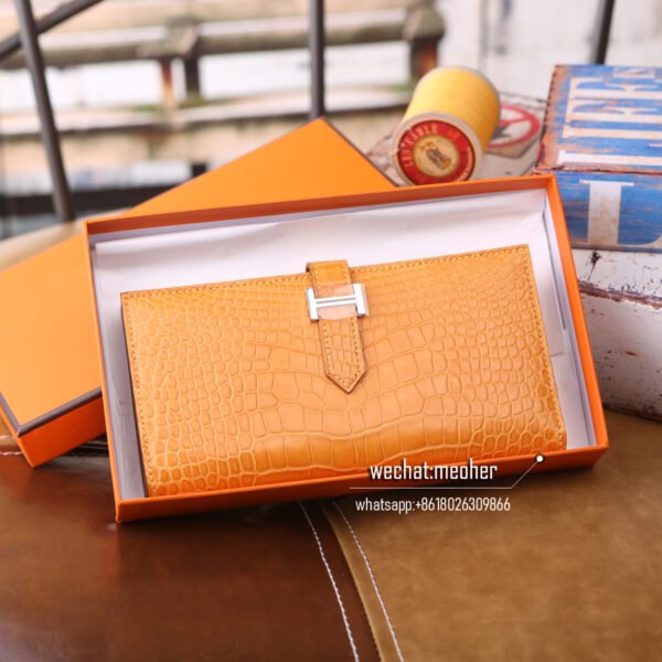 Hermes matte crocodile bearn wallet 9V Jaune d'or - Image 10