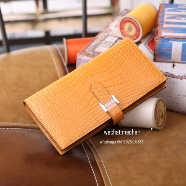 Hermes matte crocodile bearn wallet 9V Jaune d'or - Image 9