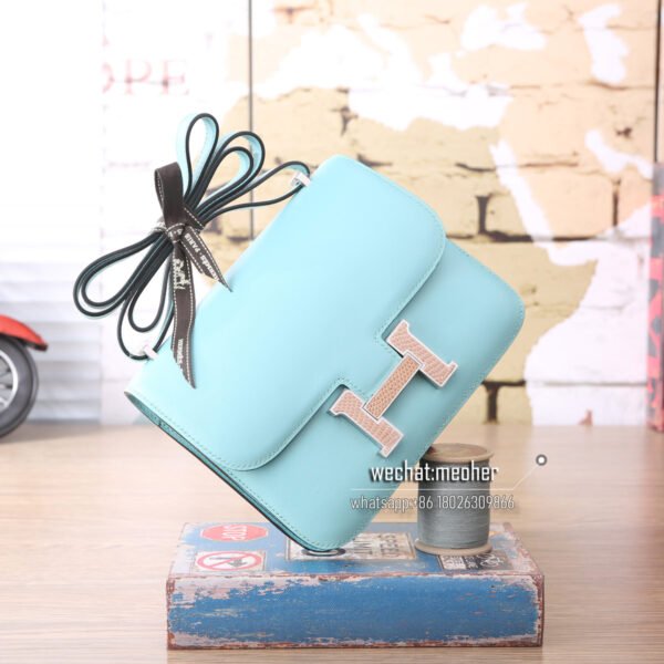 Hermes constance 19cm swift leather 3p bleu atoll lizard hardware - Image 4