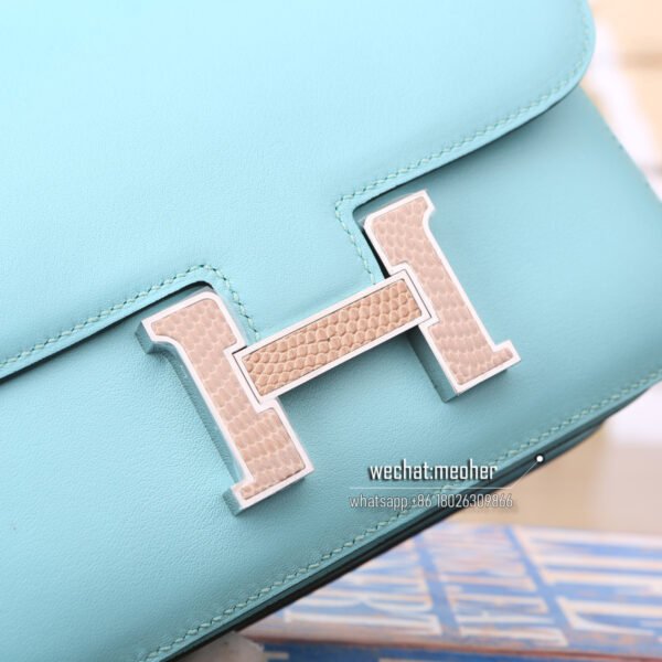 Hermes constance 19cm swift leather 3p bleu atoll lizard hardware - Image 6