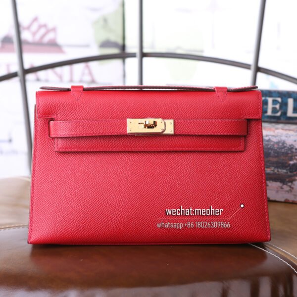 Hermes Kelly Pochette 22cm Epsom Q5 rouge casaque cowhide handbag with golden metal parts