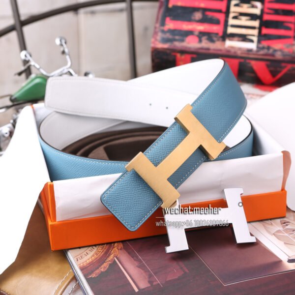 Hermès epsom Belt 42mm blue jean/white - Image 9