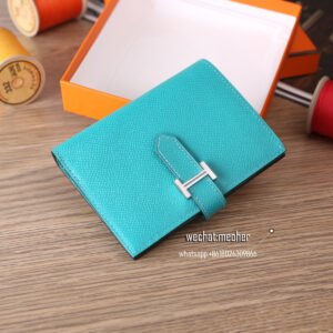 Hermès Bearn Compact Wallet in Togo leather, color 7F Blue paon, showing front view