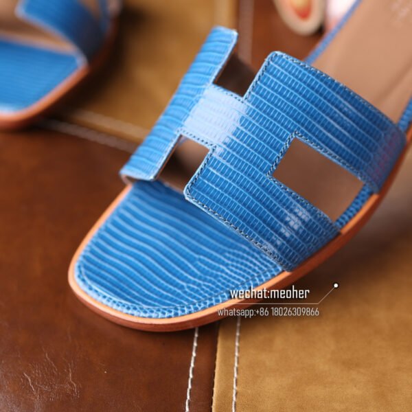 Customized Hermes oran sandal lizard leather blue - Image 7